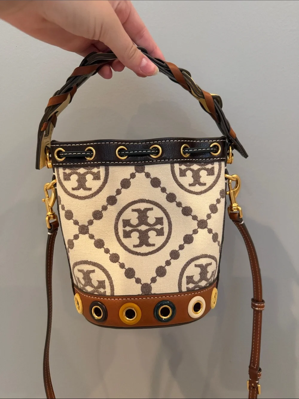 Tory Burch Cream & Brown Logo Canvas Bucket Bag with Eyelet Trim (NEVER USED)